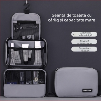 Geantă de toaletă pentru călătorii, cu design atârnat și pliabil, material din membrană impermeabilă, compartimente separate pentru cosmetice și produse de igienă