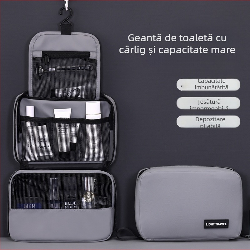 Geantă de toaletă pentru călătorii, cu design atârnat și pliabil, material din membrană impermeabilă, compartimente separate pentru cosmetice și produse de igienă