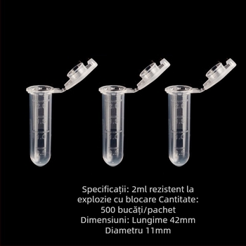Tuburi de centrifugă cu capac, rezistente la explozie, cu scară gradată, cu fund conic de 1,5 ml și fund rotund de 2 ml, pachet de 500 buc