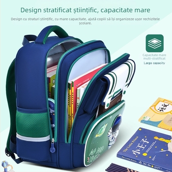 Rucsac Spaceman pentru elevi, pentru băieți și fete, Clasele 1–6, impermeabil, ultra-ușor, reducere a încărcării, protecție a coloanei, material Oxford, model Cartoon, stil modern