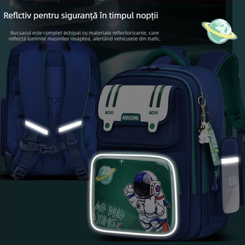 Rucsac Spaceman pentru elevi, pentru băieți și fete, Clasele 1–6, impermeabil, ultra-ușor, reducere a încărcării, protecție a coloanei, material Oxford, model Cartoon, stil modern