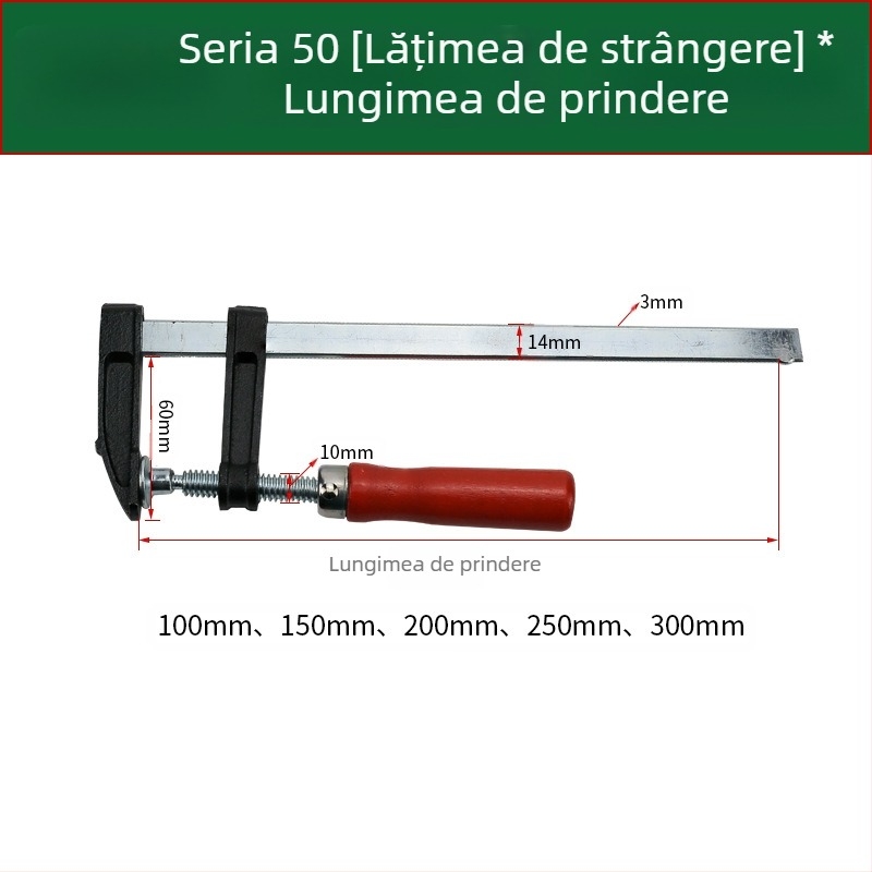 Clemă de tâmplărie tip F pentru fixare — potrivită pentru tâmplărie, piatră și mobilier; material Malang, A3; greutate 0,2 kg