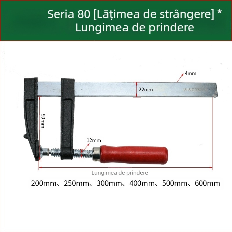 Clemă de tâmplărie tip F pentru fixare — potrivită pentru tâmplărie, piatră și mobilier; material Malang, A3; greutate 0,2 kg