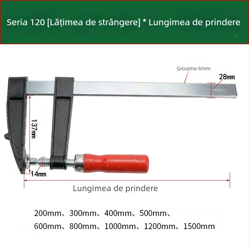 Clemă de tâmplărie tip F pentru fixare — potrivită pentru tâmplărie, piatră și mobilier; material Malang, A3; greutate 0,2 kg
