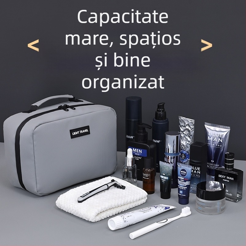 Geantă de cosmetice unisex cu material tip piele-film, imprimeu cu litere, căptușeală din poliester, utilizare zilnică, impermeabilă, compartiment uscat-umed