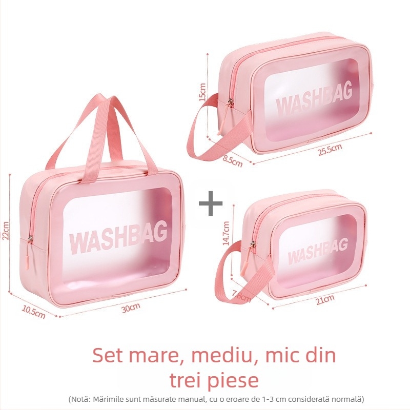 Set din PVC din trei genți de cosmetică, capacitate mare, impermeabile, transparente, cu compartimente, portabil