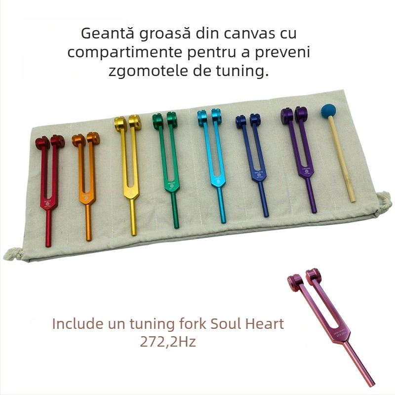 Set de 8 tuning forks cu blocuri de activare; aliaj de aluminiu dur; model 136.1Hz-272.2Hz; frecvențe: 126.22, 136.1, 141.27, 172.06, 194.18, 210.42, 221.23; terapie prin muzică, fizioterapie, yoga