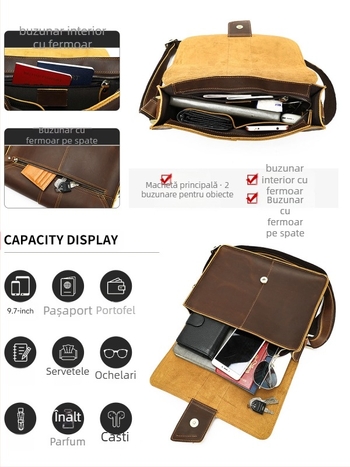 Geantă de umăr din piele naturală pentru bărbați, piele de primă calitate, căptușeală poliester, lansare vară 2025, pentru călătorii de afaceri