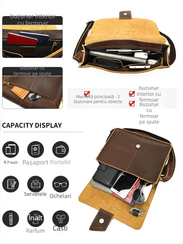 Geantă de umăr din piele naturală pentru bărbați, piele de primă calitate, căptușeală poliester, lansare vară 2025, pentru călătorii de afaceri