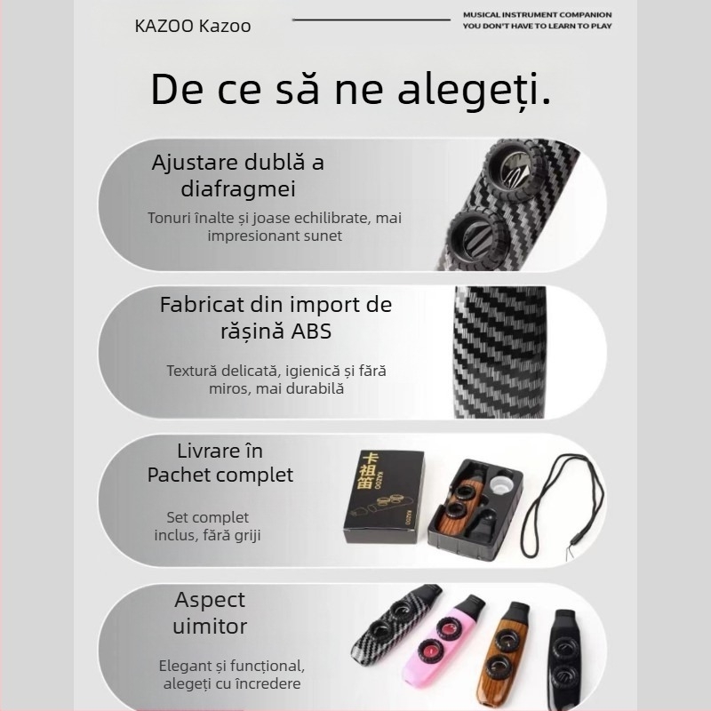 Flaută kazoo — instrument prietenos cu începătorii, nu este necesar să înveți, tremolo la nivel profesionist.