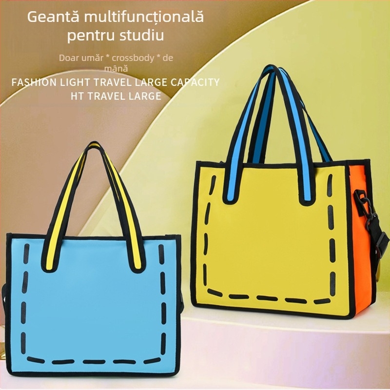 Geantă din pânză în stil japonez pentru femei - vara 2025, geantă de umăr cu curea, design 2D desen animat, capacitate mare