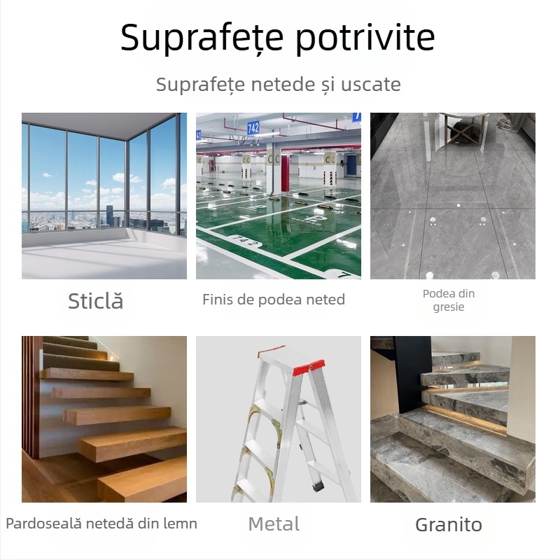 Bandă autoadezivă antiderapantă pentru scări; bază lipire PU; sistem PU; pentru scări și baie; rezistență la temperatură 260; vâscozitate 80 N/m
