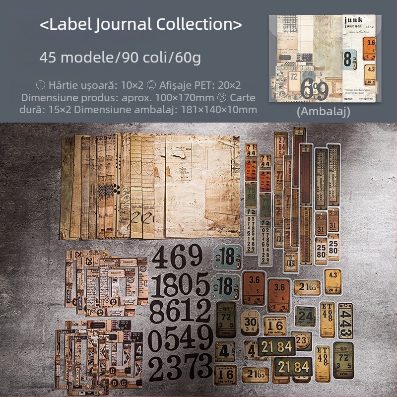 Set DIY pentru scrapbooking — serie retro Time Capsule de la Dark Phantom, 90 bucăți, 4 modele, 60 g, fără adeziv, imprimare