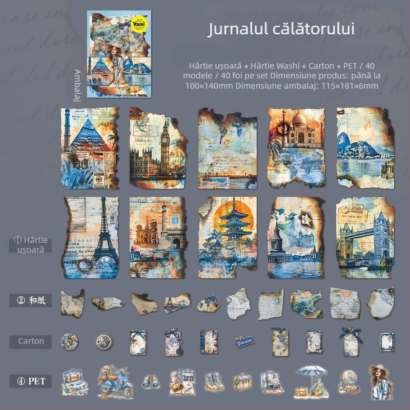 Set DIY pentru scrapbooking — serie retro Time Capsule de la Dark Phantom, 90 bucăți, 4 modele, 60 g, fără adeziv, imprimare