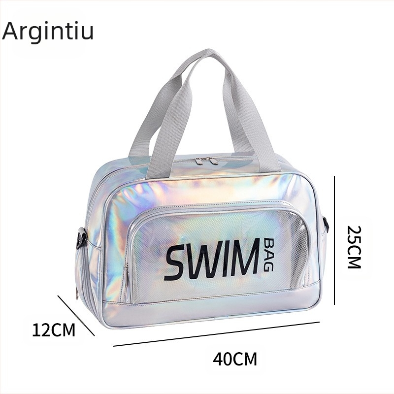 Geantă crossbody cu efect laser, colorată, pentru înot și fitness, cu compartiment uscat/umed, capacitate mare, organizator de călătorie, impermeabilă pentru plajă