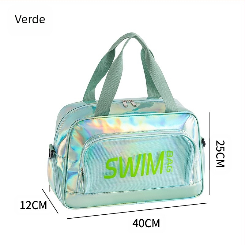 Geantă crossbody cu efect laser, colorată, pentru înot și fitness, cu compartiment uscat/umed, capacitate mare, organizator de călătorie, impermeabilă pentru plajă