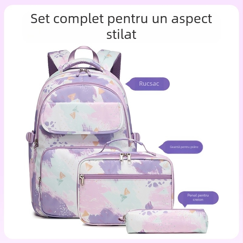 Set de trei rucsacuri școlare cu geantă pentru prânz imprimată (pânză Oxford; respirabilă, impermeabilă, ultraușoară, rezistentă; bretele curbate)