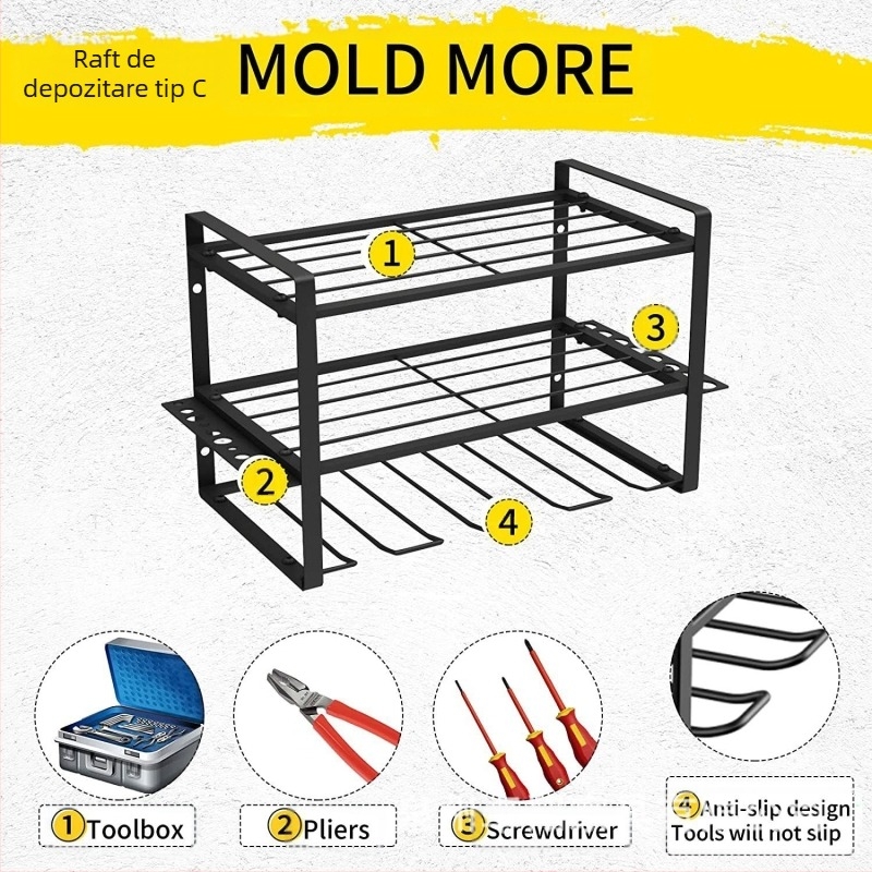 Raft de depozitare pentru unelte montat pe perete – Organizator multifuncțional modern, minimalist pentru bormașină electrică (Capacitate de încărcare: 0-100)