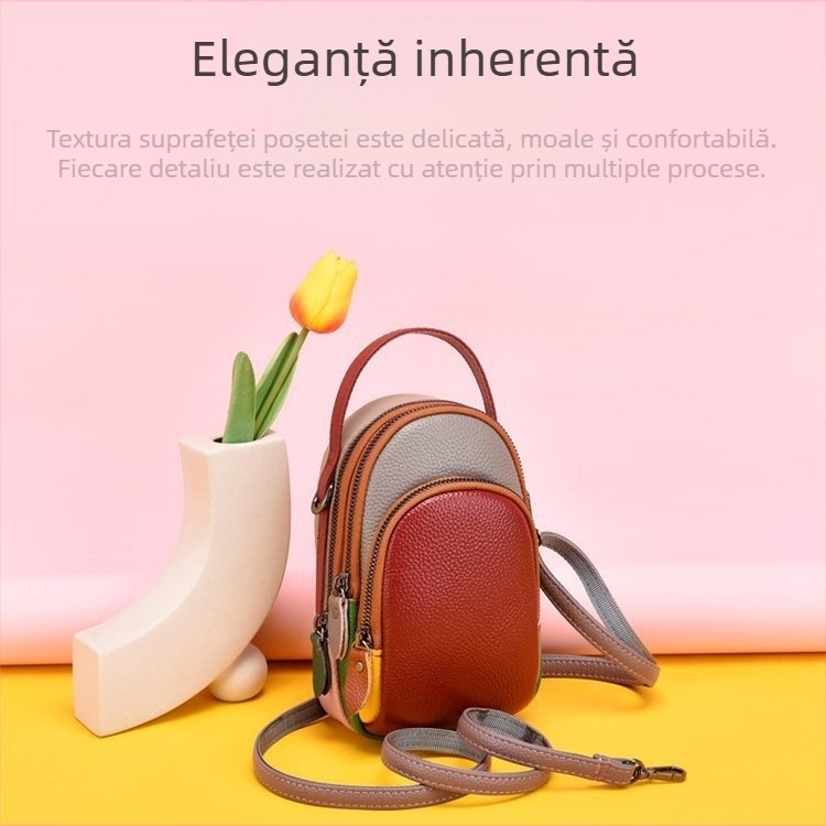 Geantă pentru femei crossbody din piele naturală, design în contrast (Piele naturală; Căptuială poliester; Formă verticală pătrată; Fermoar; Buzunare pentru telefon și card de identitate)