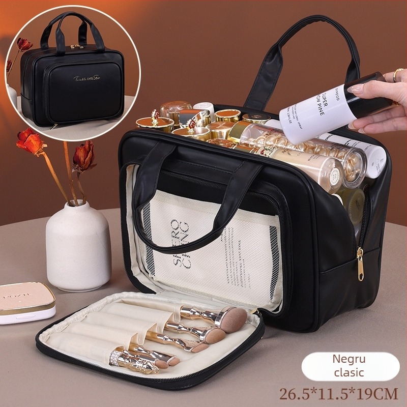 Geantă de makeup cu capacitate mare, material PU, unisex, imprimeu cu litere, căptușeală impermeabilă
