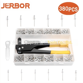 Set de nituri din aluminiu, 380 buc., nituri cu gaură prin deschidere, cap semi-rotund în formă de K și pistol de nituit