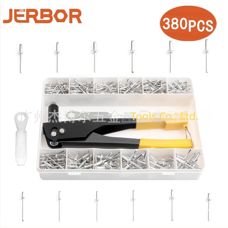 Set de nituri din aluminiu, 380 buc., nituri cu gaură prin deschidere, cap semi-rotund în formă de K și pistol de nituit