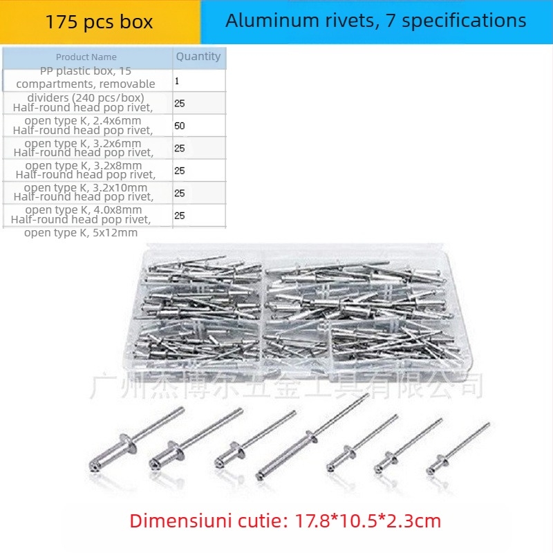 Set de nituri din aluminiu, 380 buc., nituri cu gaură prin deschidere, cap semi-rotund în formă de K și pistol de nituit