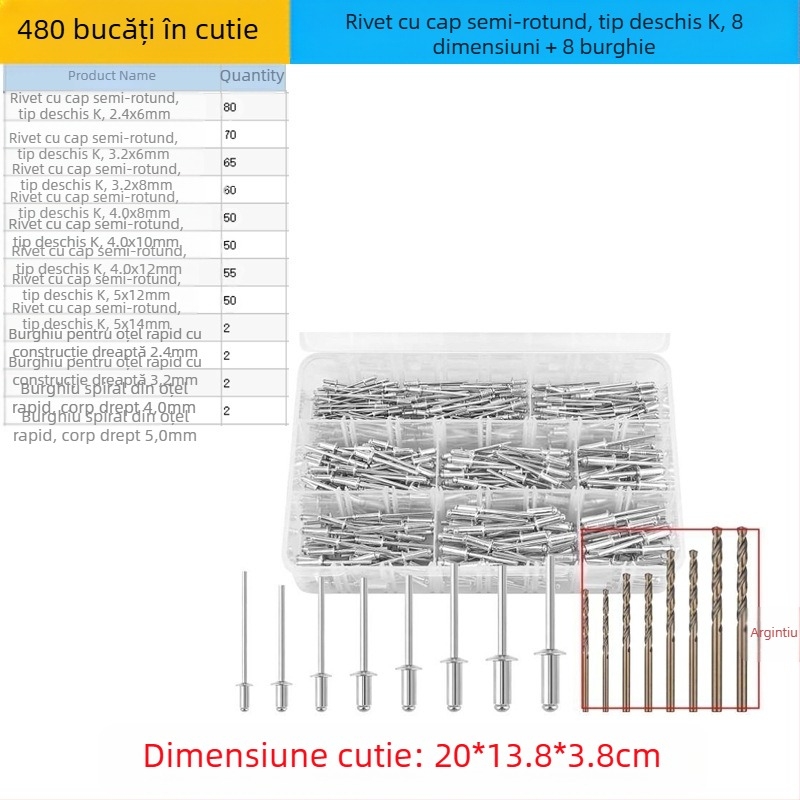 Set de nituri din aluminiu, 380 buc., nituri cu gaură prin deschidere, cap semi-rotund în formă de K și pistol de nituit