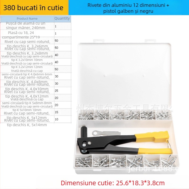 Set de nituri din aluminiu, 380 buc., nituri cu gaură prin deschidere, cap semi-rotund în formă de K și pistol de nituit