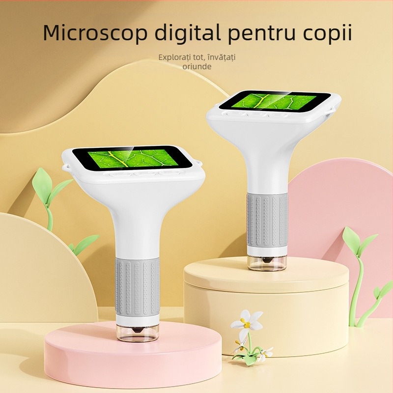 Mikroscop de mână pentru copii, set științific portabil electric pentru biologie/chimie, corp din silicon, destinat copiilor 7–14 ani