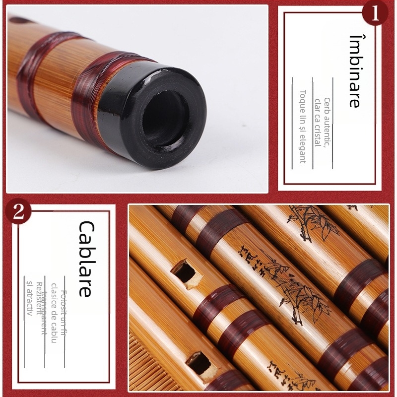 Flaută dreaptă pentru începători, cu 6 găuri, note C D E F G, în husă de catifea