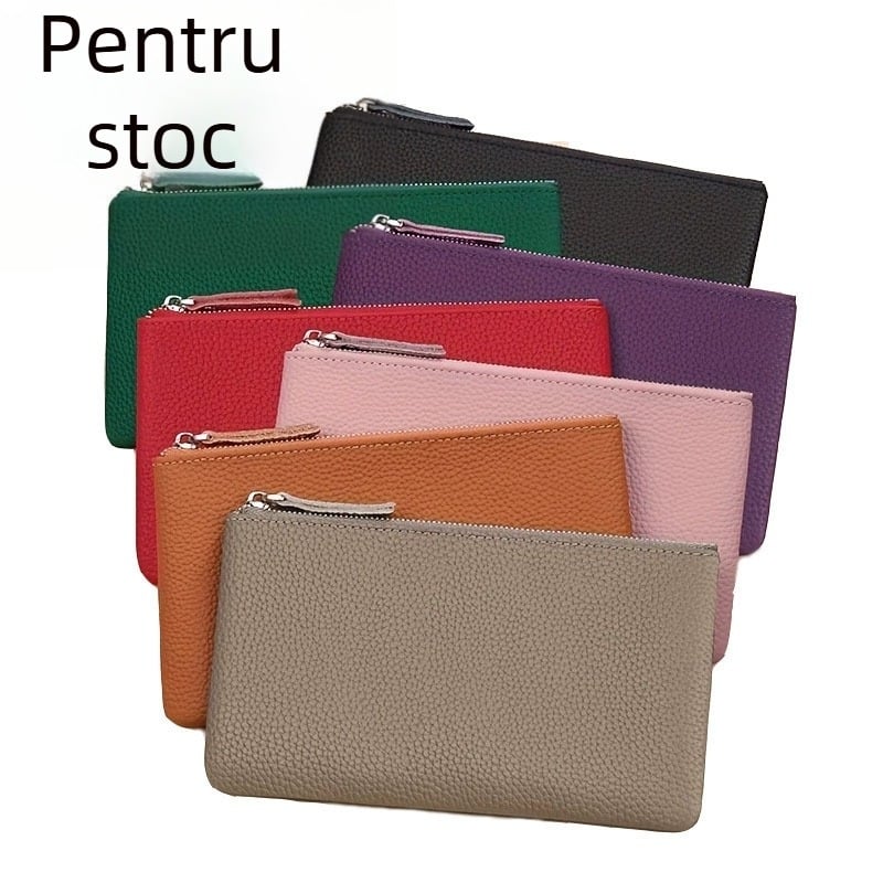 Portofel PU cu model Lychee, Unisex, fermoar ultra-subțire, portofel compact pentru monede și husă pentru chei, impermeabil și ultraușor, design premium