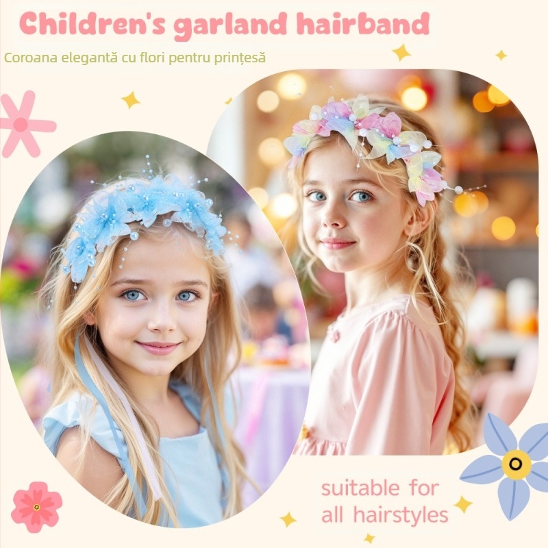 Accesoriu pentru păr pentru copii: diademă cu flori, din textil, lucrată manual.