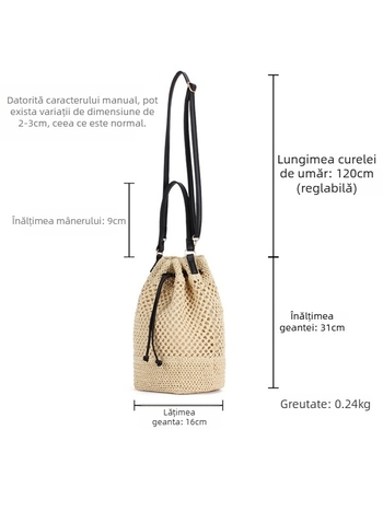 Geantă bucket împletită, material din hârtie, închidere prin șnur, buzunar interior pentru ID, curele duble
