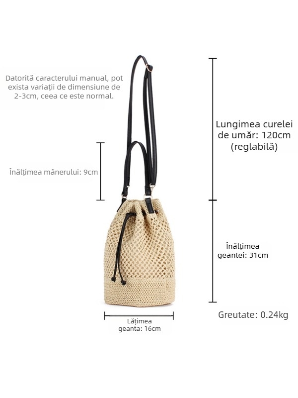 Geantă bucket împletită, material din hârtie, închidere prin șnur, buzunar interior pentru ID, curele duble