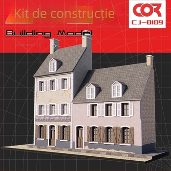 Kit dioramă din lemn, asamblare necesară, scenă cu cafenea și casă, scară 1:35