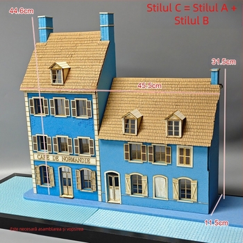 Kit dioramă din lemn, asamblare necesară, scenă cu cafenea și casă, scară 1:35