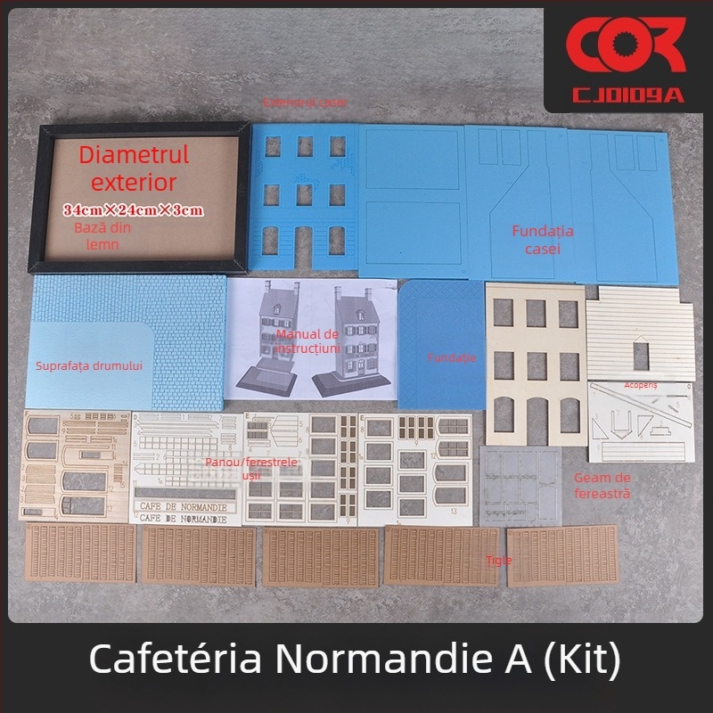 Kit dioramă din lemn, asamblare necesară, scenă cu cafenea și casă, scară 1:35