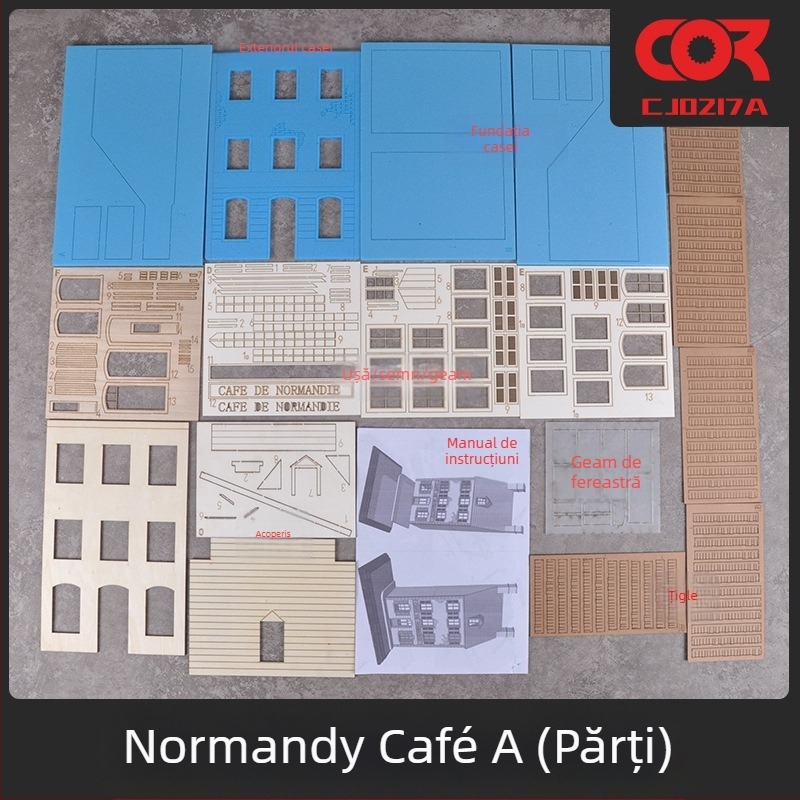 Kit dioramă din lemn, asamblare necesară, scenă cu cafenea și casă, scară 1:35