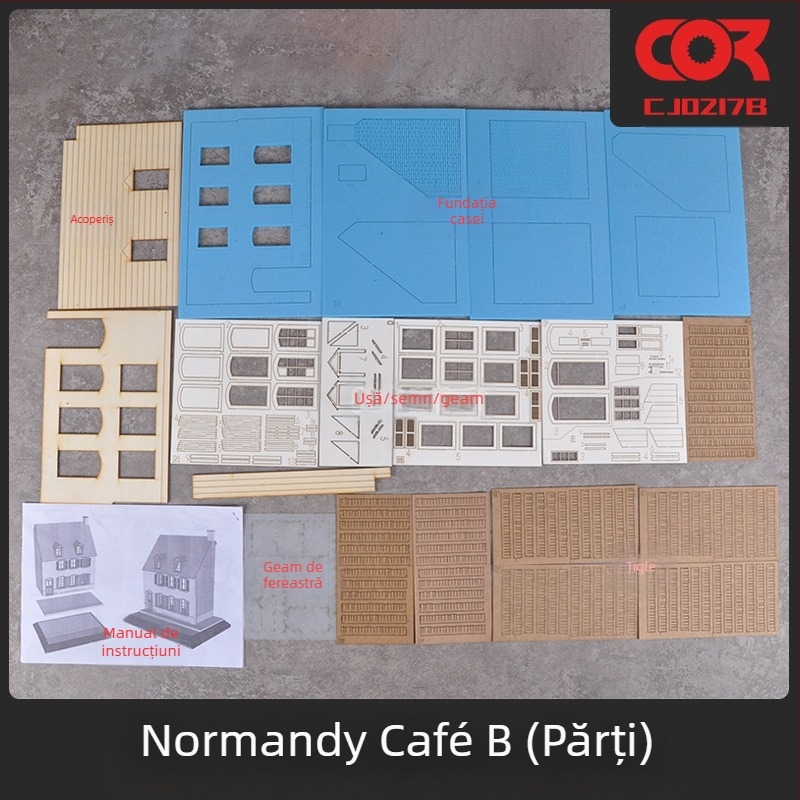 Kit dioramă din lemn, asamblare necesară, scenă cu cafenea și casă, scară 1:35