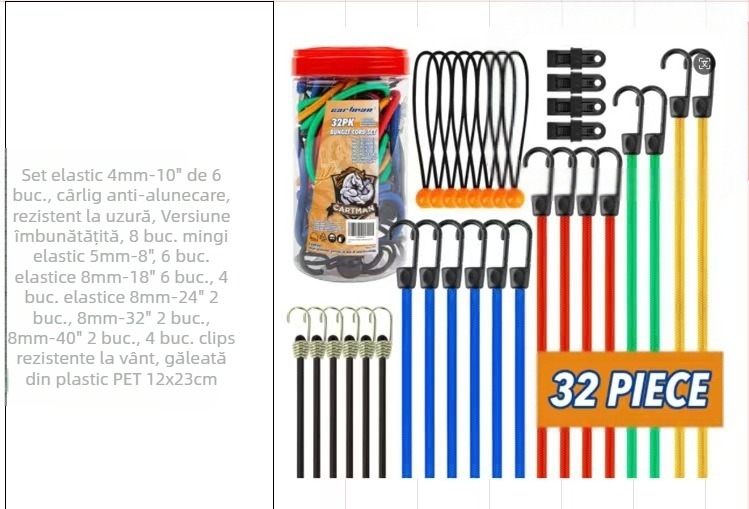 Set Wanying pentru bagaj și echipamente – încărcare 50 kg; material: fir polipropilen cu filament de cauciuc; include 1,35 m funii pentru drumeții cu cataramă pentru bagaje, 30 seturi de funii pentru bagaje, 10×25 cm mini funii latex 4 mm, 32 seturi funii 