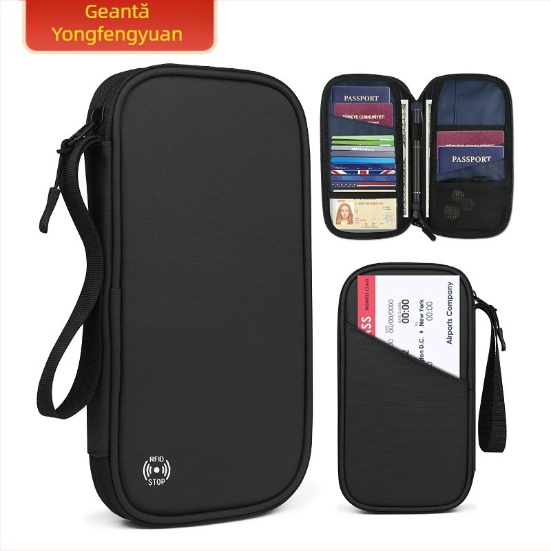 Portofel pentru pașaport și carduri cu protecție anti-furt, material Oxford, model dungat, căptușeală din nylon