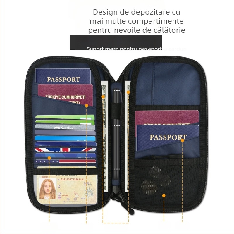 Portofel pentru pașaport și carduri cu protecție anti-furt, material Oxford, model dungat, căptușeală din nylon