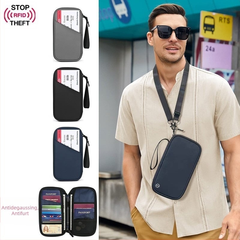 Portofel pentru pașaport și carduri cu protecție anti-furt, material Oxford, model dungat, căptușeală din nylon