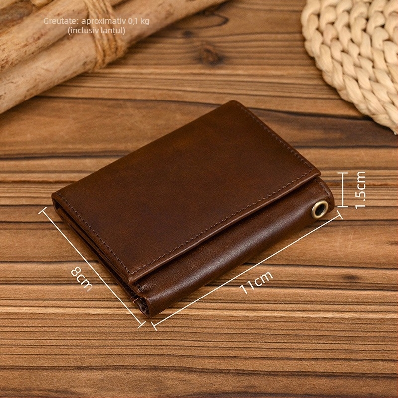 Portofel masculin din piele naturală, tri-fold, piele Crazy Horse, primul strat de piele de vițel, anti-furt, căptușeală poliester