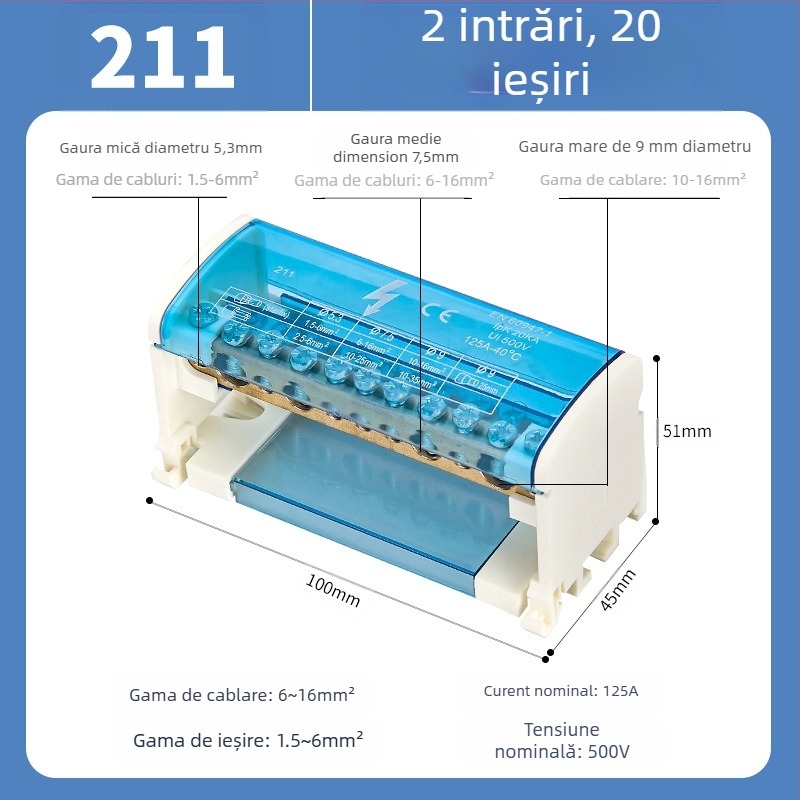 Cutie de distribuție UKK, înaltă putere, terminală din cupru pur pentru neutră, modele 207/211/215/407/411/415, pentru panouri de distribuție