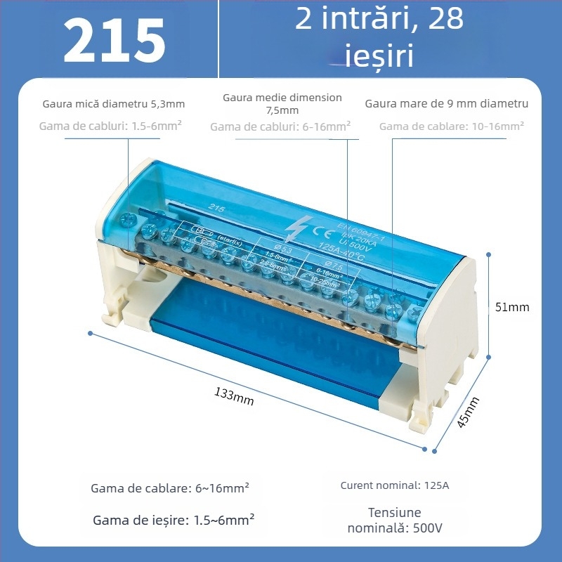 Cutie de distribuție UKK, înaltă putere, terminală din cupru pur pentru neutră, modele 207/211/215/407/411/415, pentru panouri de distribuție
