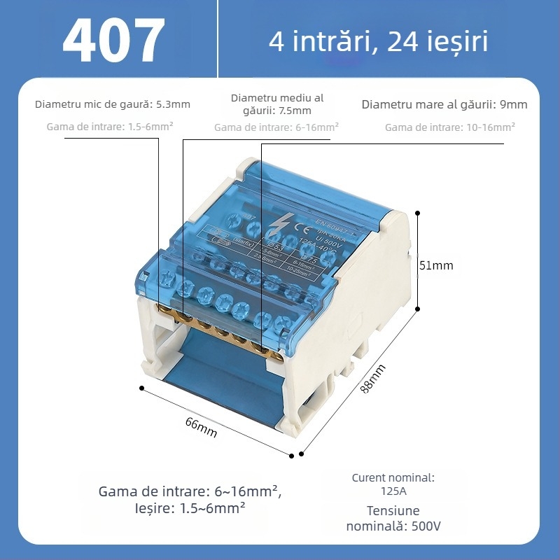 Cutie de distribuție UKK, înaltă putere, terminală din cupru pur pentru neutră, modele 207/211/215/407/411/415, pentru panouri de distribuție