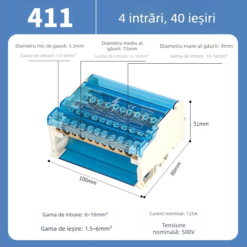 Cutie de distribuție UKK, înaltă putere, terminală din cupru pur pentru neutră, modele 207/211/215/407/411/415, pentru panouri de distribuție
