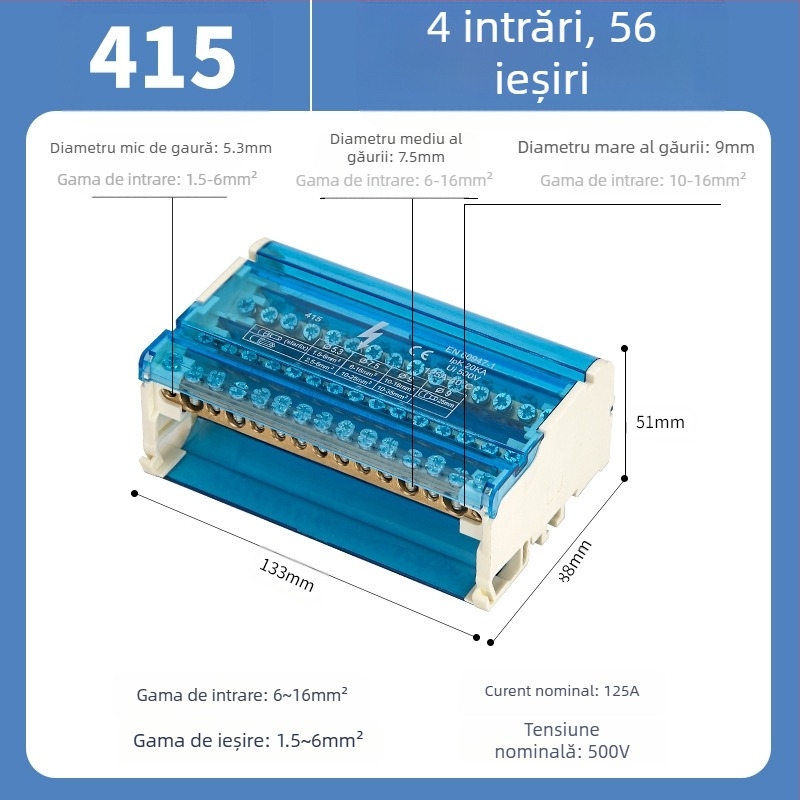 Cutie de distribuție UKK, înaltă putere, terminală din cupru pur pentru neutră, modele 207/211/215/407/411/415, pentru panouri de distribuție